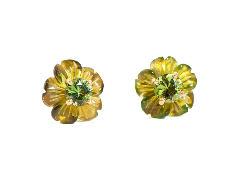 IRENE NEUWIRTH CARVED PERIDOT AND GREEN TOURMALINE FLOWER STUDS