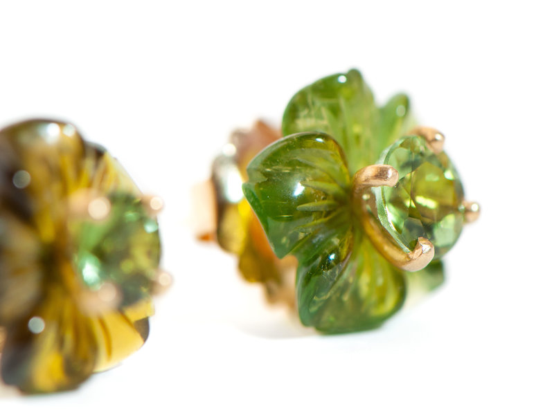 IRENE NEUWIRTH CARVED PERIDOT AND GREEN TOURMALINE FLOWER STUDS