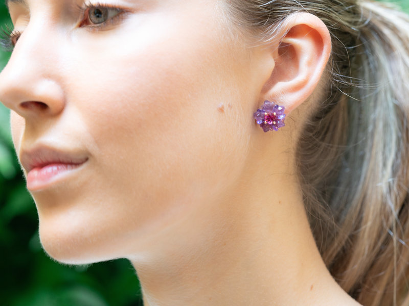 IRENE NEUWIRTH AMETHYST CARVED FLOWER WITH PINK TOURMALINE CENTER EARRINGS