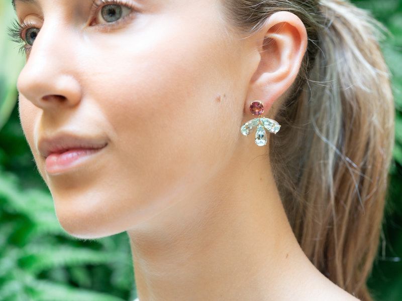 IRENE NEUWIRTH PINK TOURMALINE AND AQUAMARINE DROP EARRING