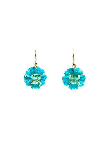 IRENE NEUWIRTH CARVED TURQUOISE AND EMERALD FLOWER EARRINGS
