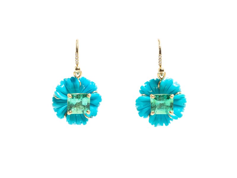 IRENE NEUWIRTH CARVED TURQUOISE AND EMERALD FLOWER EARRINGS