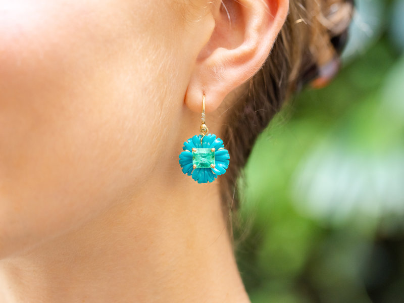 IRENE NEUWIRTH CARVED TURQUOISE AND EMERALD FLOWER EARRINGS