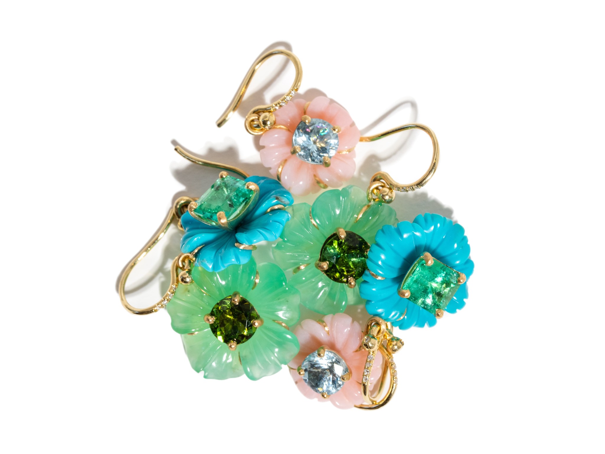 IRENE NEUWIRTH CARVED PINK OPAL & AQUAMARINE FLOWER EARRINGS - Capitol