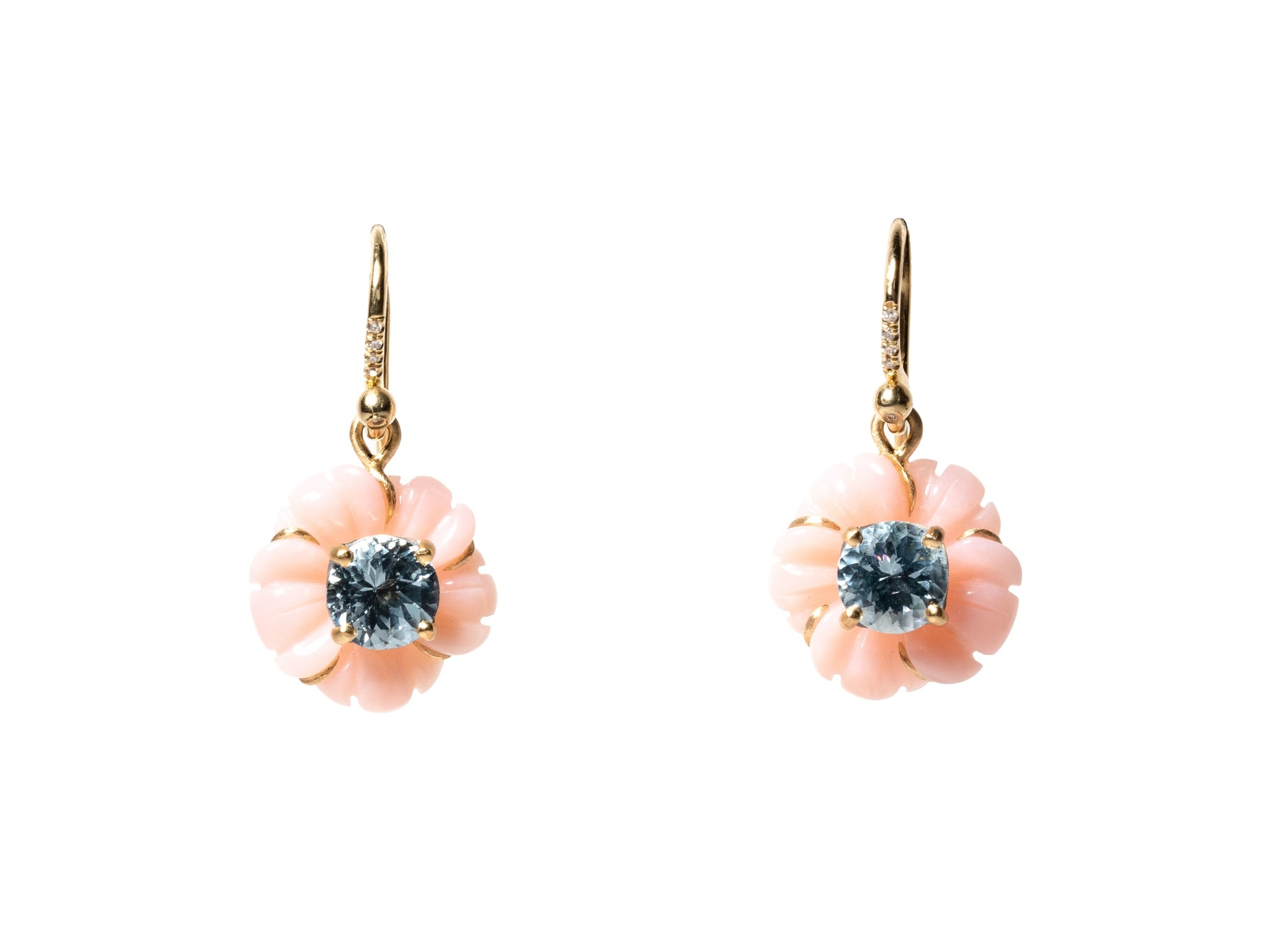 IRENE NEUWIRTH CARVED PINK OPAL & AQUAMARINE FLOWER EARRINGS