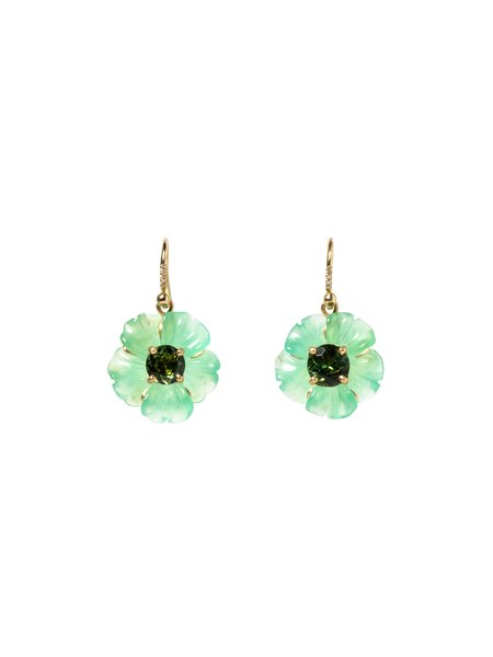 IRENE NEUWIRTH CARVED CHRYSOPRASE AND GREEN TOURMALINE CENTER FLOWER EARRINGS