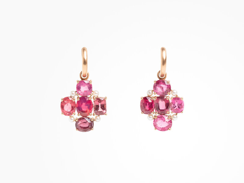 IRENE NEUWIRTH GEMMY GEM SPINEL, RUBELLITE & PEARL CROSS EARRINGS