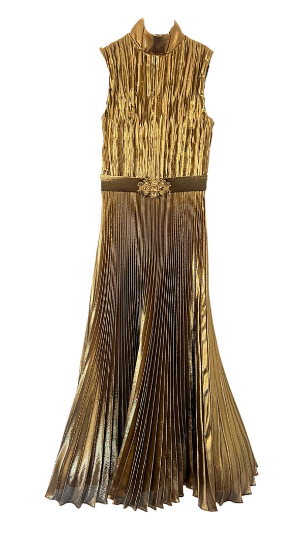 ANDREW GN HIGH NECK GOLD PLEATED GOWN