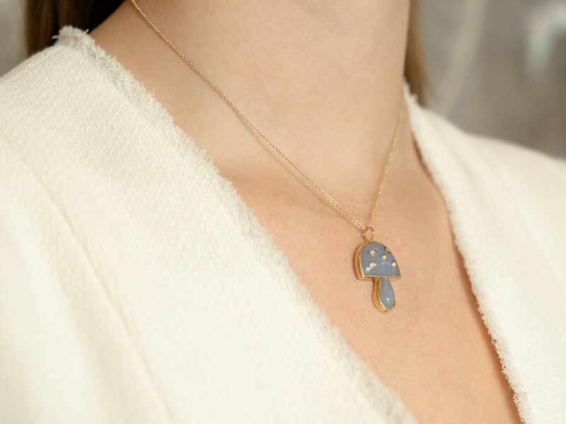 BRENT NEALE BLUE CHALCEDONY SMALL MAGIC MUSHROOM NECKLACE