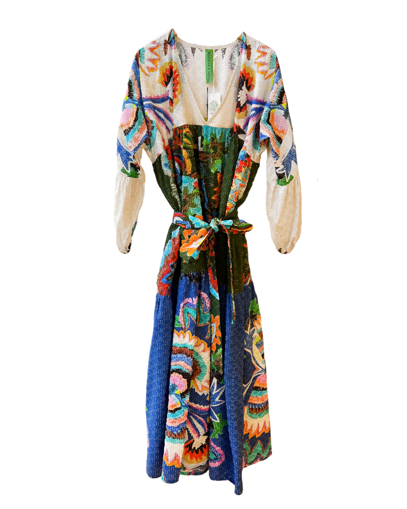 RIANNA + NINA V-NECK VOLANT PRINTED TIERED MAXI DRESS