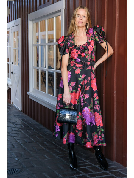 RODARTE PUFF SLEEVE SILK TWILL FLORAL MIDI DRESS