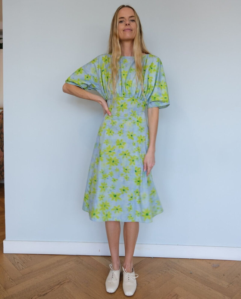 MARNI PINTUCKED BUST PRINTED MIDI DRESS