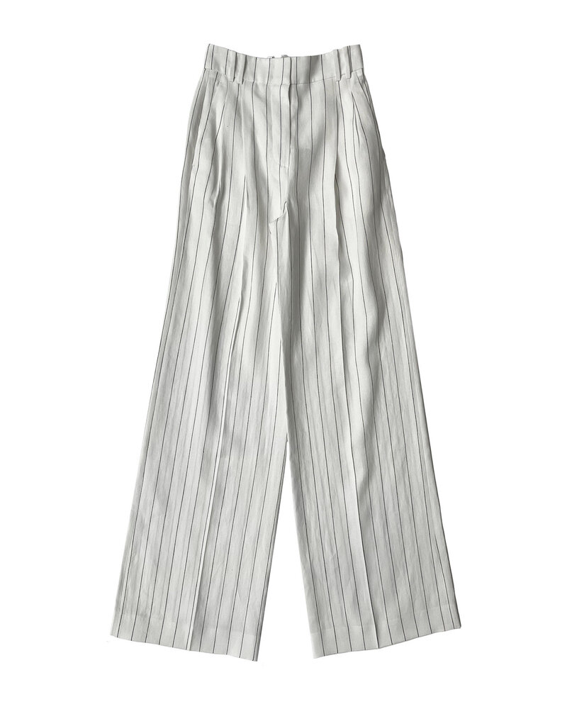ANOTHER TOMORROW LINEN STRIPED PLEATED TROUSER