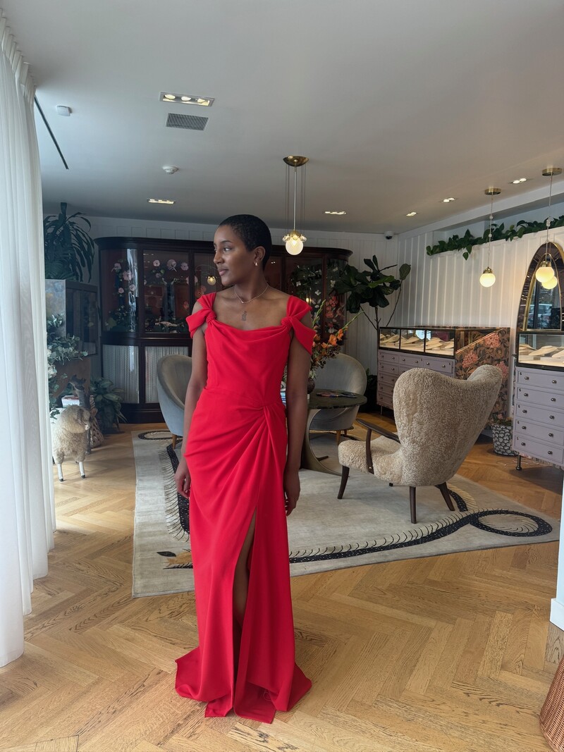 CAROLINA HERRERA DRAPED OFF THE SHOULDER GOWN