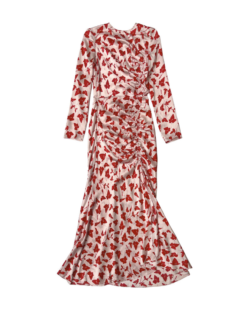 ALEJANDRA ALONSO ROJAS RUCHED BUTTERFLY PRINT MIDI DRESS