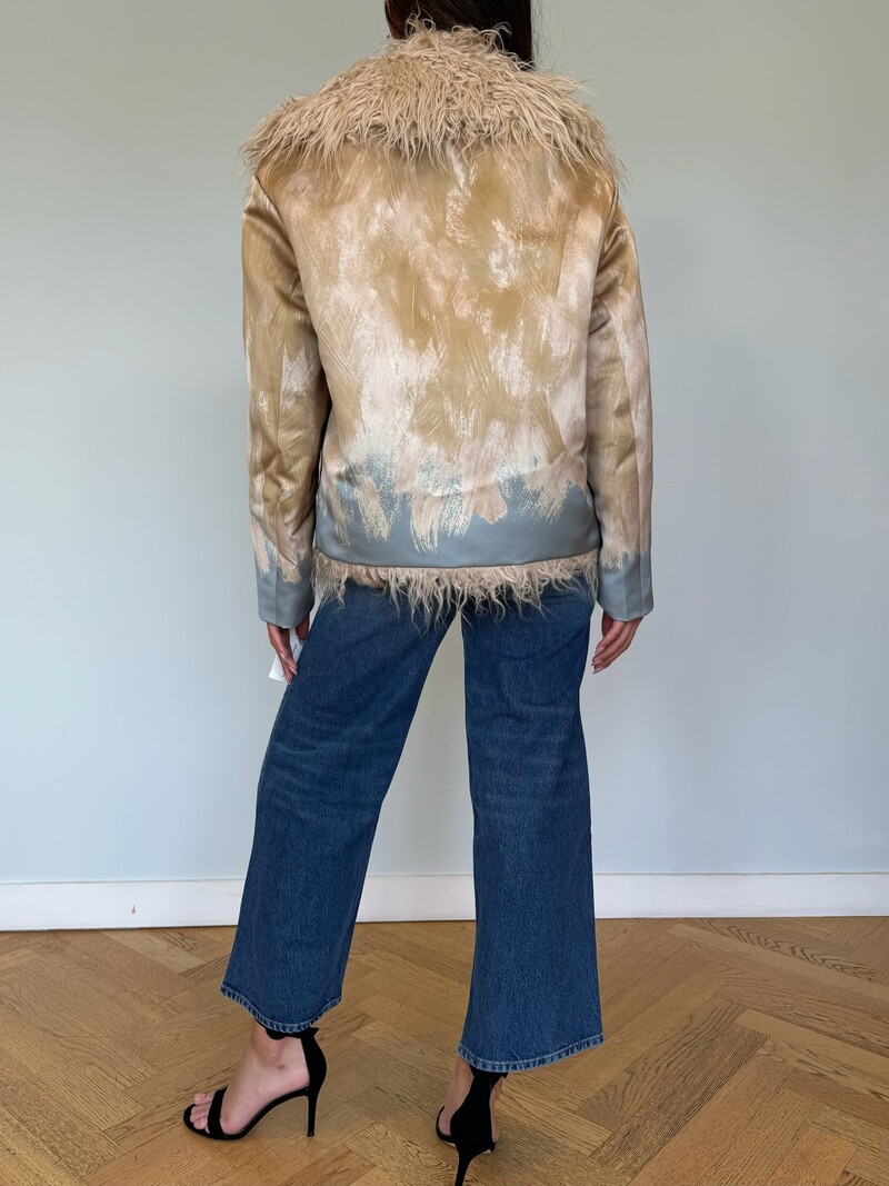 DRIES VAN NOTEN PRINTED SATIN FAUX FUR JACKET