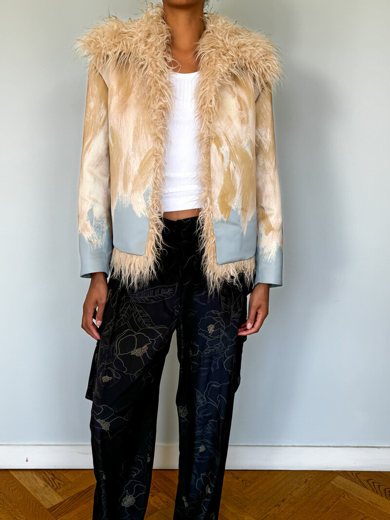 DRIES VAN NOTEN PRINTED SATIN FAUX FUR JACKET