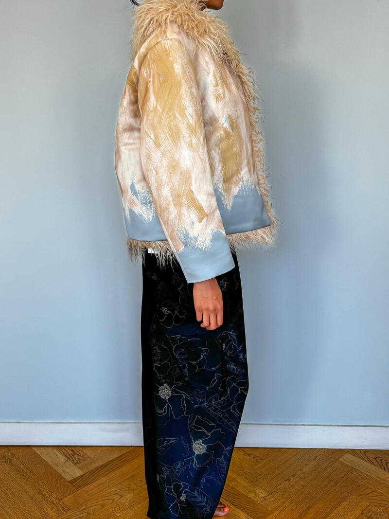 DRIES VAN NOTEN PRINTED SATIN FAUX FUR JACKET