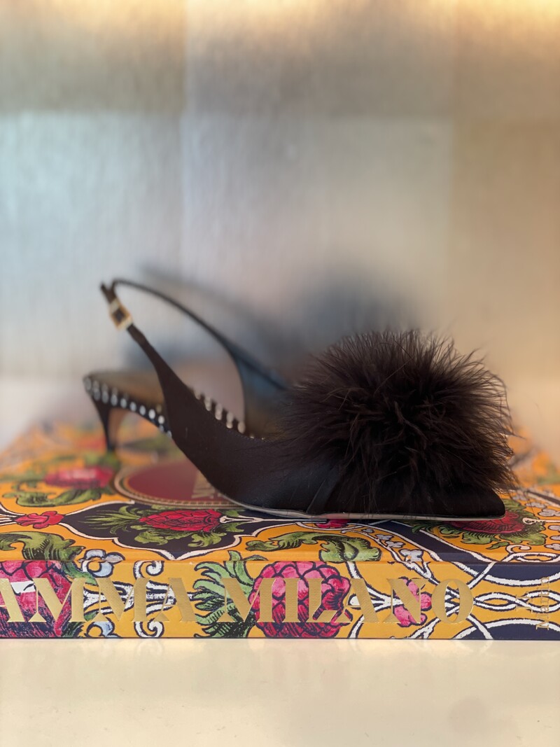 MALONE SOULIER SATIN FEATHER SLINGBACK