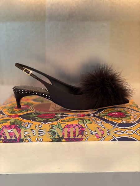 MALONE SOULIER SATIN FEATHER SLINGBACK