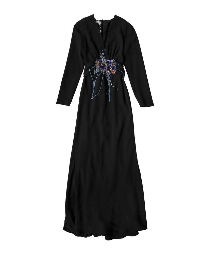 DRIES VAN NOTEN V-NECK EMBROIDERED WAIST GOWN