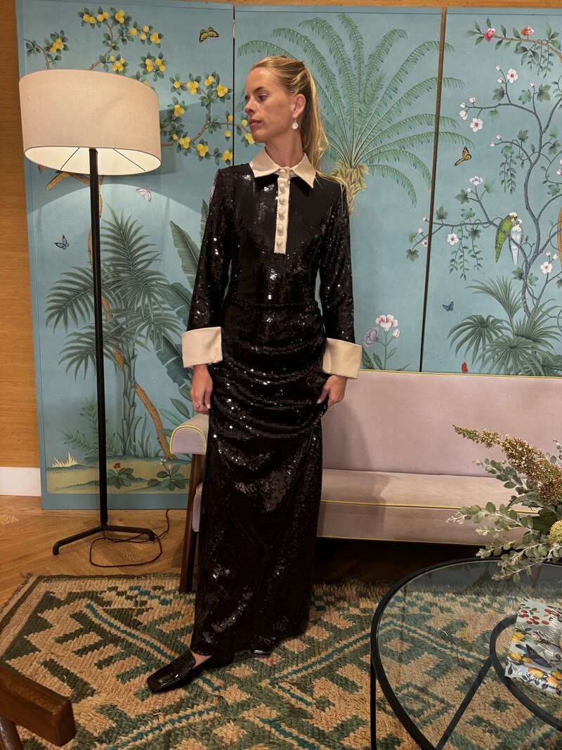 RICHARD QUINN LONG SLEEVE SEQUIN COLLARED GOWN