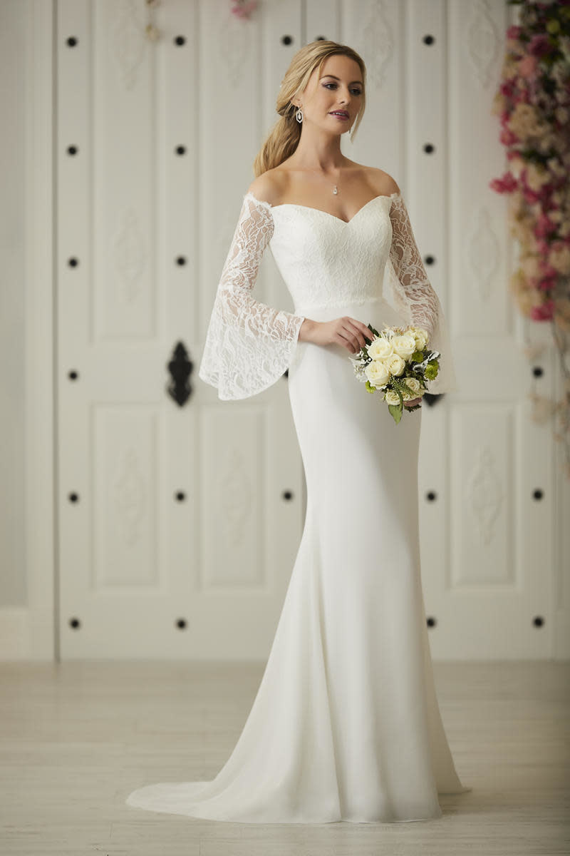 CHRISTINA WU CHRISTINA WU 22931 FIT TO FLARE OFF SHOULDER BELL SLEEVES WEDDING GOWNS