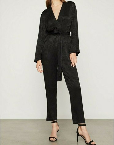 BCBGMAXAZRIA18 FAUX WRAP LONG SLEEVE BELTED JACQUARD JUMPSUITS