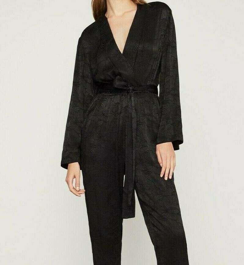 BCBGMAXAZRIA18 FAUX WRAP LONG SLEEVE BELTED JACQUARD JUMPSUITS