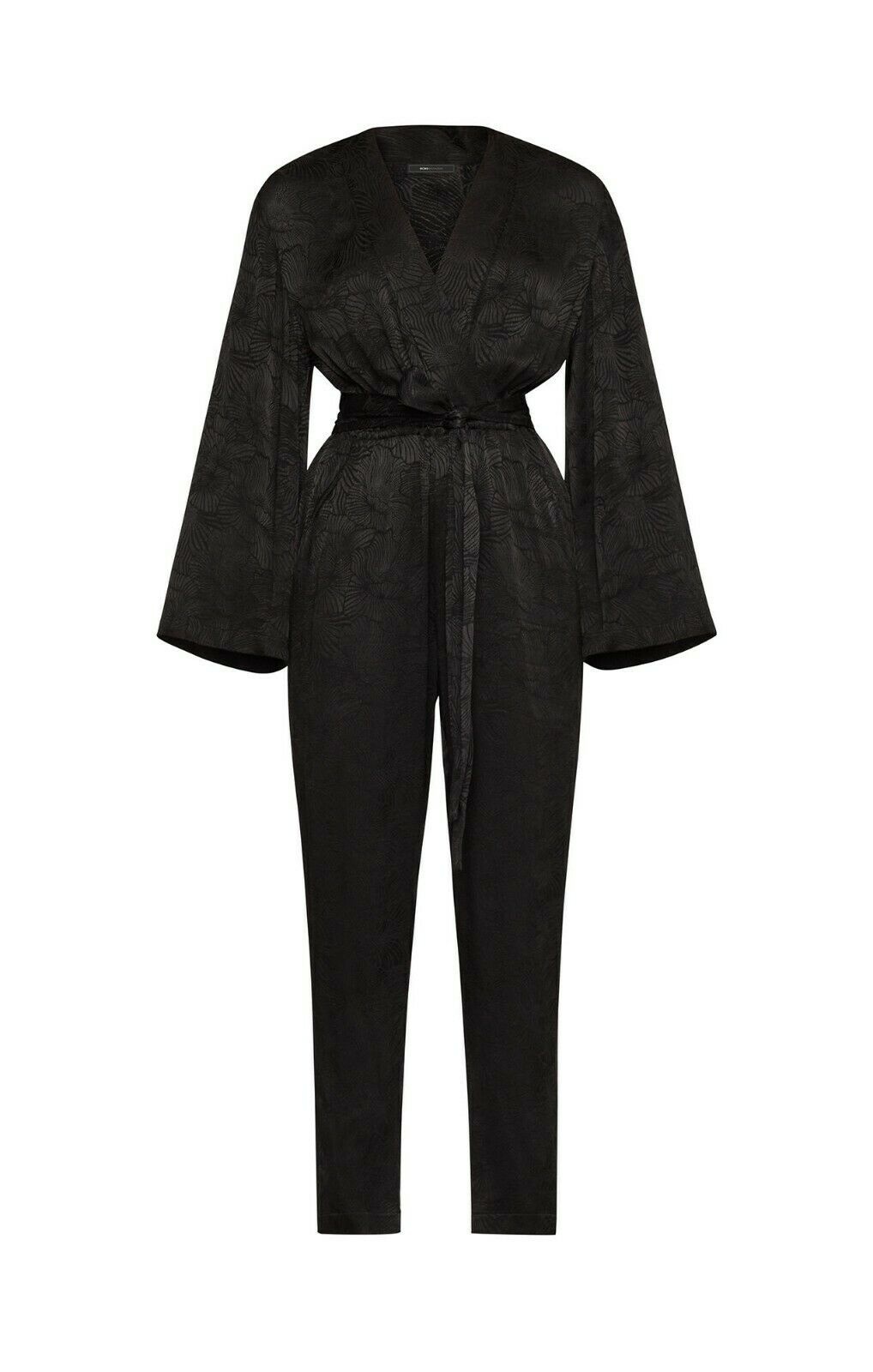 BCBGMAXAZRIA18 FAUX WRAP LONG SLEEVE BELTED JACQUARD JUMPSUITS