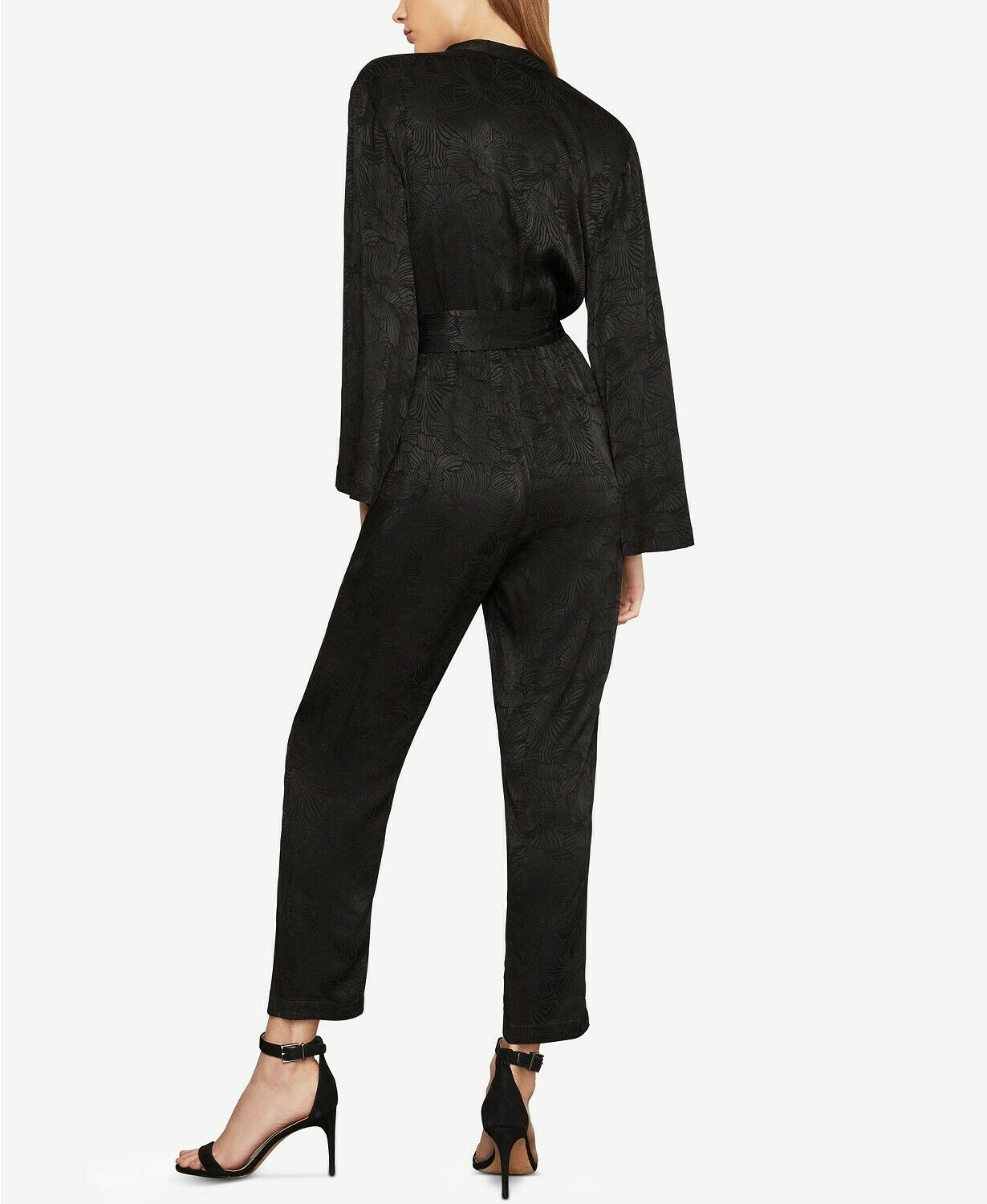 BCBGMAXAZRIA18 FAUX WRAP LONG SLEEVE BELTED JACQUARD JUMPSUITS