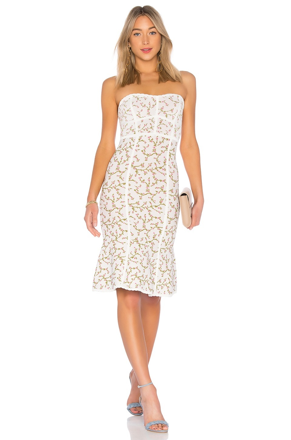 BCBGMAXAZRIA18 LYNNE JACQUARD STRAPLESS BODYCON WHITE WITH FLOWERS DRESSES