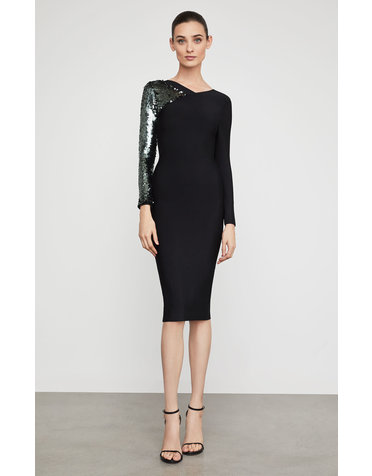 BCBGMAXAZRIA19 BCBGMAXAZRIA19 LONGSLEEVE SEQUINED SLEEVE BODYCON SHEATH DRESSES  LHL6175738  BLACK  S