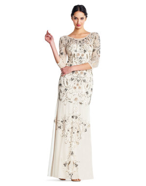 AIDAN MATTOX AIDAN MATTOX LONG SLEEVE MESH SEQUIN EMBROIDERED GOWNS CHAMPAGNE 8