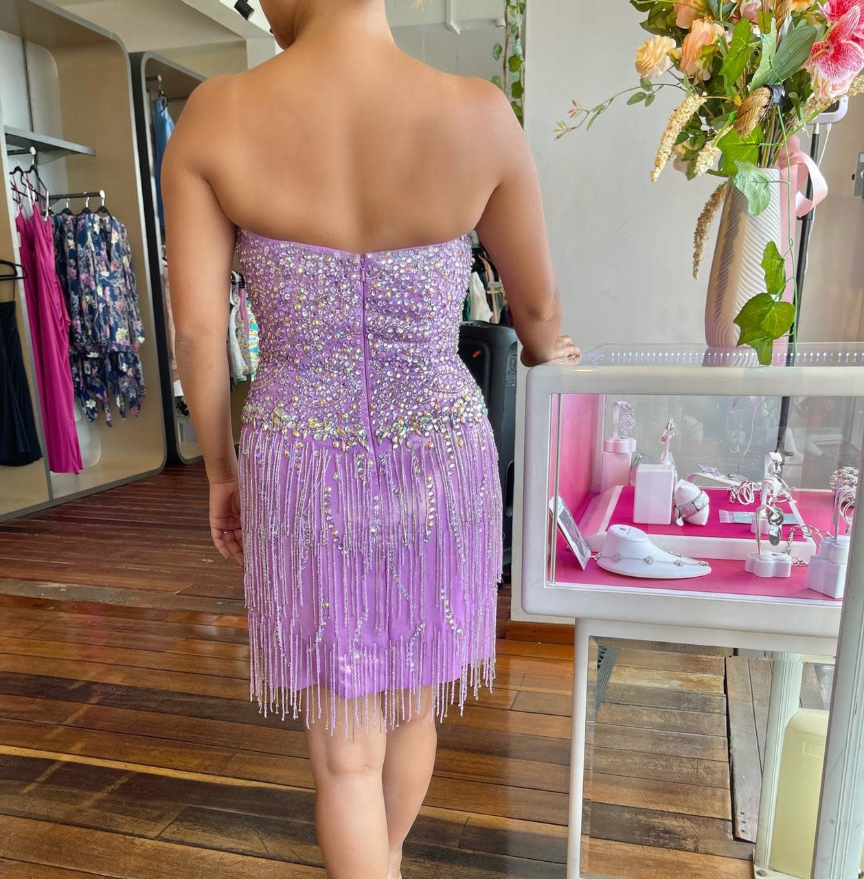 JOVANI JOVANI STRAPLESS SEQUIN FRINGE SHORT GOWNS LAVENDER 4