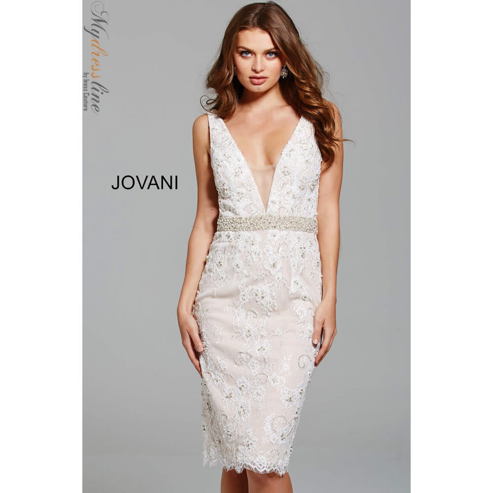 JOVANI JOVANI SLEEVELESS DEEP CUT NECK SEQUIN SHORT GOWNS IVORY 12