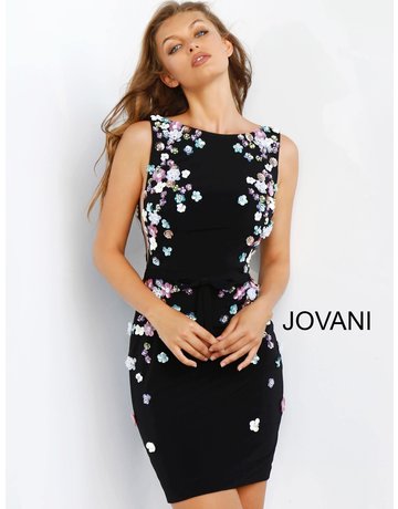 JOVANI JOVANI SLEEVELESS DEEP CUT BACK AND SIDE FLORAL EMBROIDERED SHORT GOWNS BLACK MULTI 4