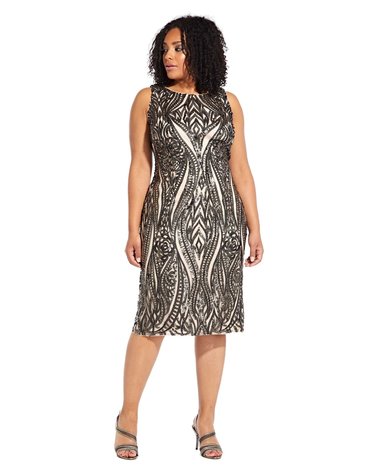 ADRIANNA PAPELL ADRIANNA PAPELL SLEEVELESS SEQUIN EMBROIDERED KNEE HEIGHT GOWNS  BLACK CHAMPAGNE 22W