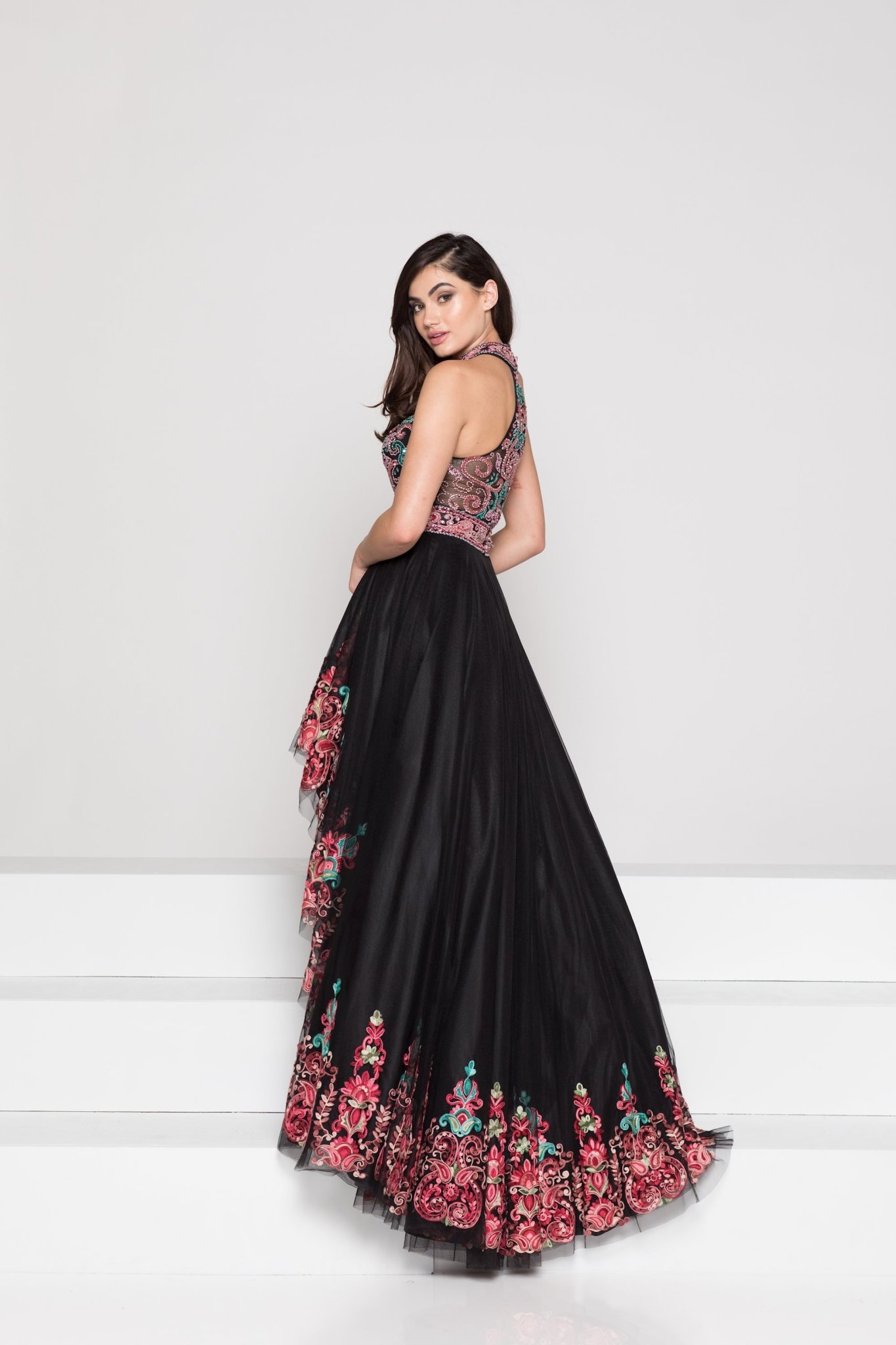 COLORS COLORS BEADED HALTER HIGH LOW BALL GOWNS