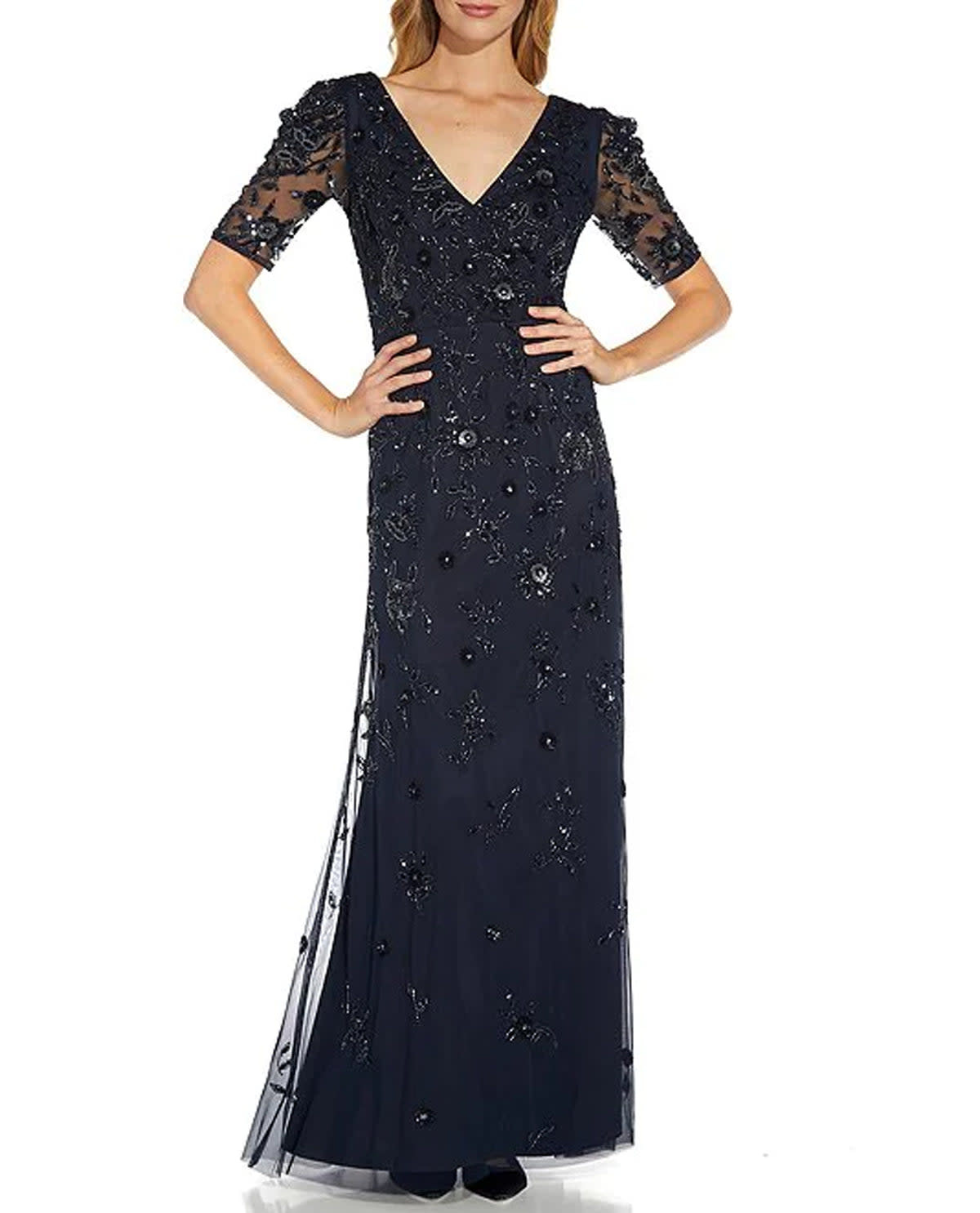 ADRIANNA PAPELL ADRIANNA PAPELL BEADED SURPLICE LONG GOWNS