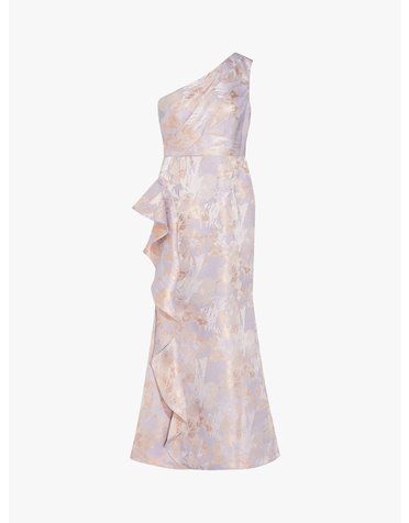ADRIANNA PAPELL ADRIANNA PAPELL METALLIC JACQUARD RUFFLE LONG GOWNS