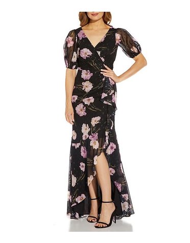 ADRIANNA PAPELL ADRIANNA PAPELL PRINTED CHIFFON RUFFLE GOWN DRESSES