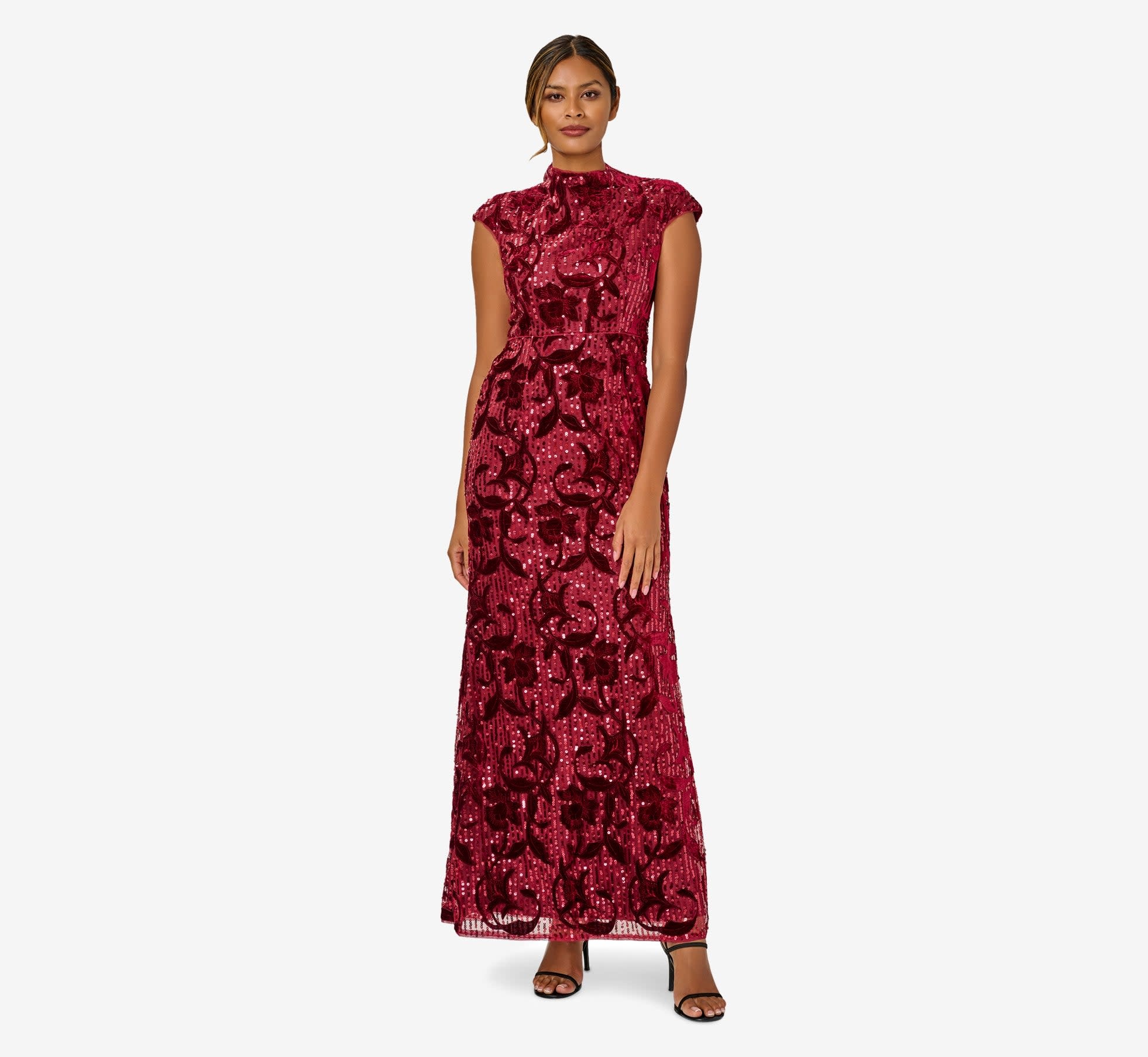 ADRIANNA PAPELL ADRIANNA PAPELL MOCK NECK VELVET SEQUIN LONG GOWN DRESSES