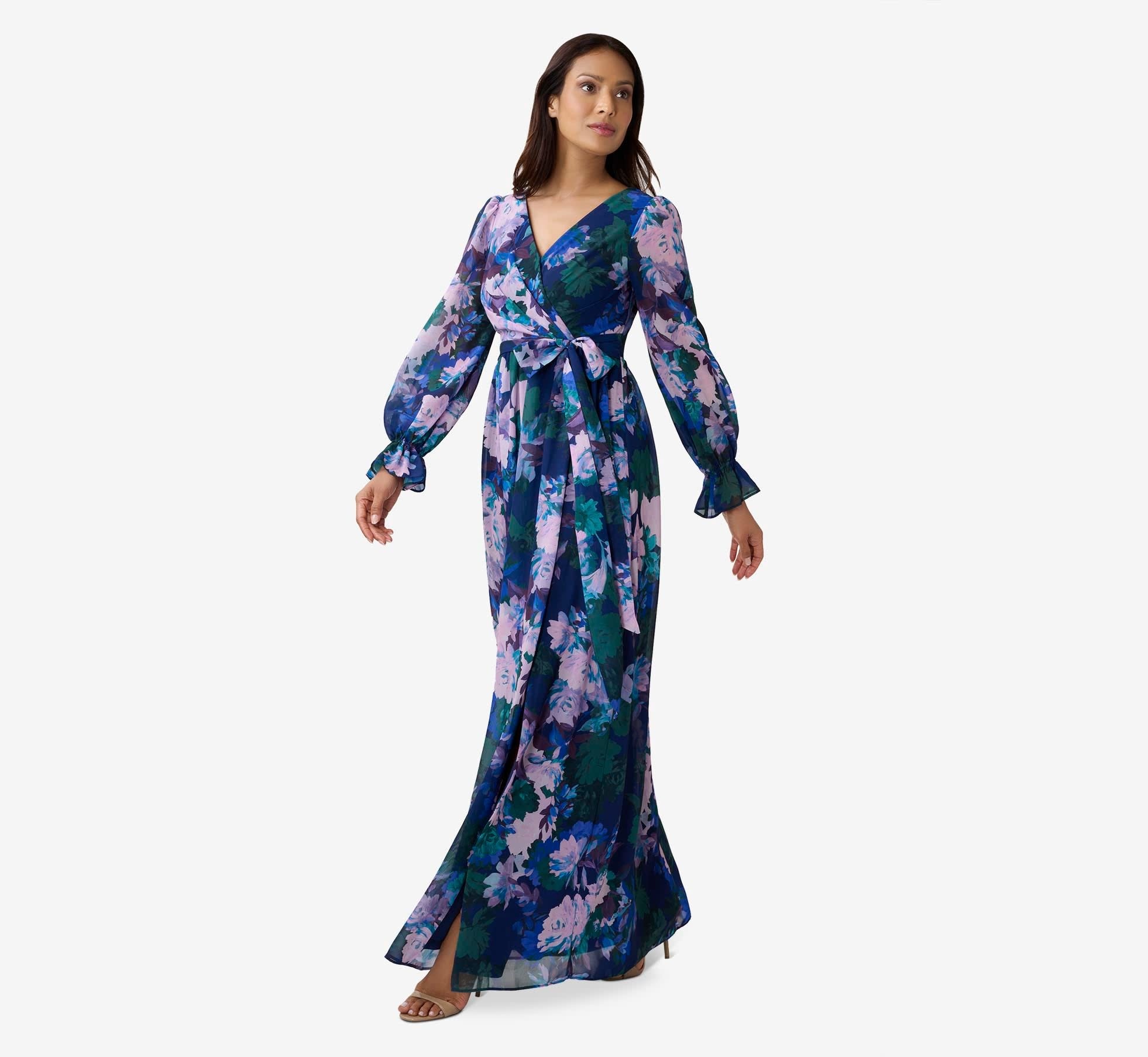 ADRIANNA PAPELL ADRIANNA PAPELL FLORAL PRINT CHIFFON GOWN DRESSES