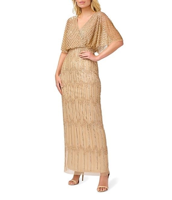 ADRIANNA PAPELL ADRIANNA PAPELL BEADED SURPLICE GOWN DRESSES