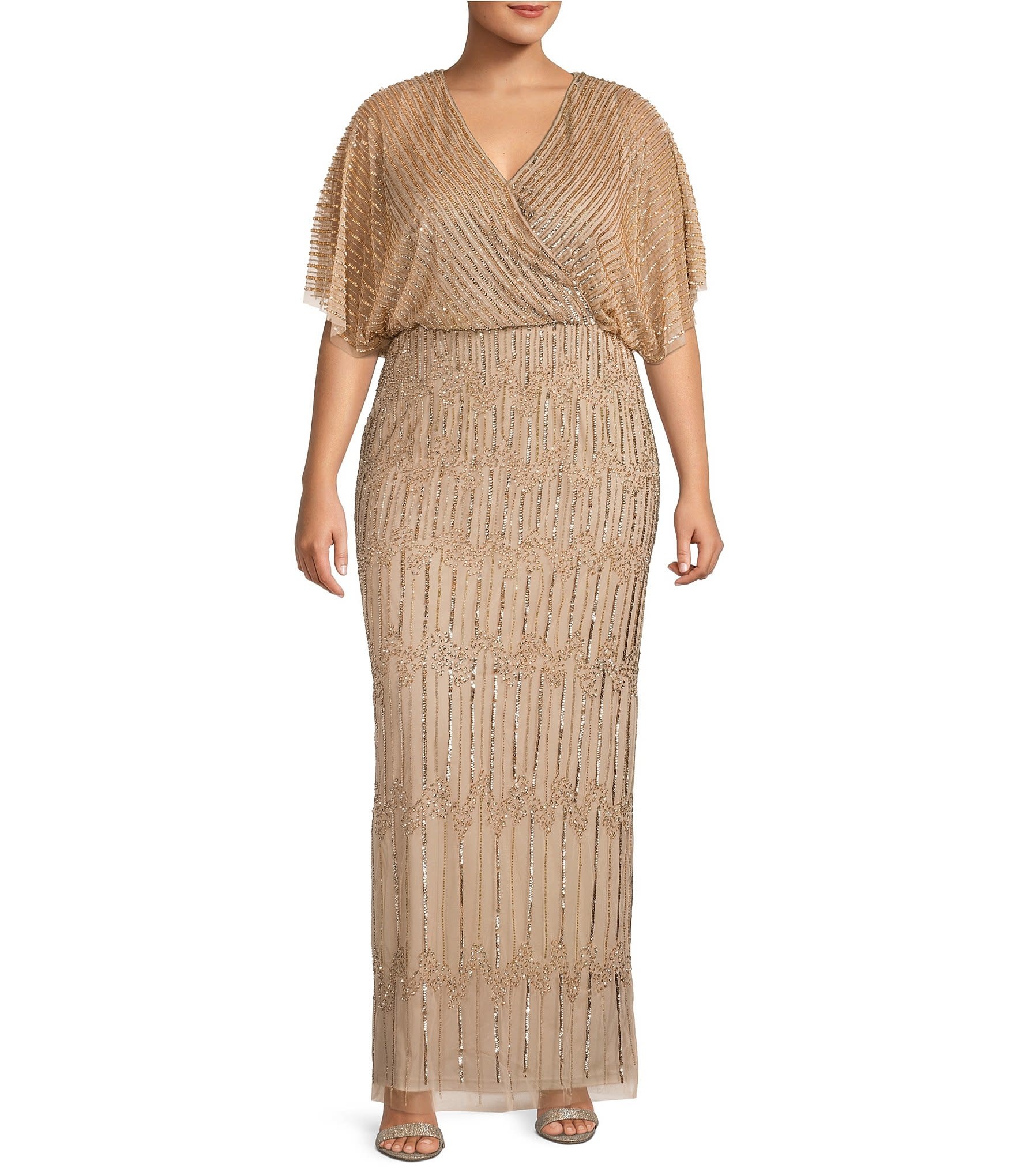 ADRIANNA PAPELL ADRIANNA PAPELL BEADED SURPLICE GOWN DRESSES