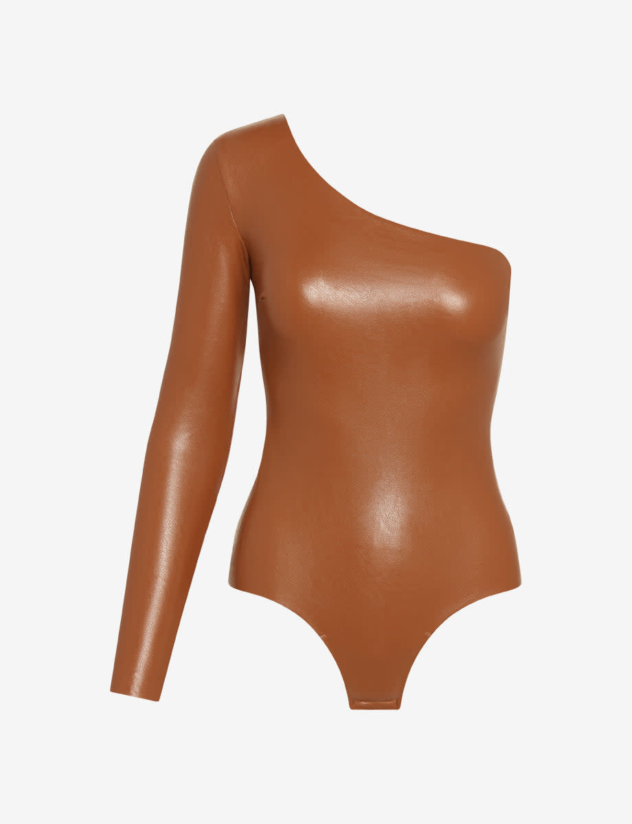 COMMANDO COMMANDO FAUX LEATHER LONGSLEEVE ONE-SHOULDER BODYSUIT TOPS