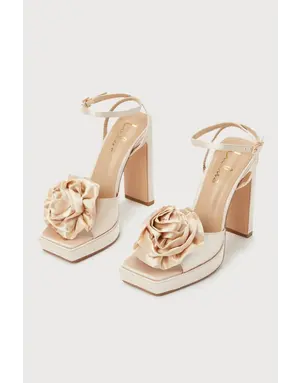 LULUS LULUS AUBRIANA SATIN FLOWER PLATFORM ANKLE STRAP SANDALS