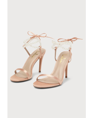LULUS LULUS LETZY ROSE GOLD SATIN PEARL LACE-UP HIGH HEEL SANDALS 9