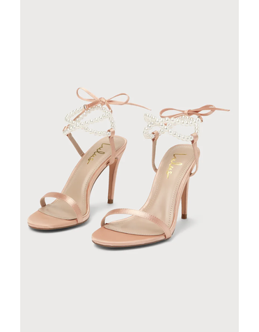 LULUS LULUS LETZY ROSE GOLD SATIN PEARL LACE-UP HIGH HEEL SANDALS 9